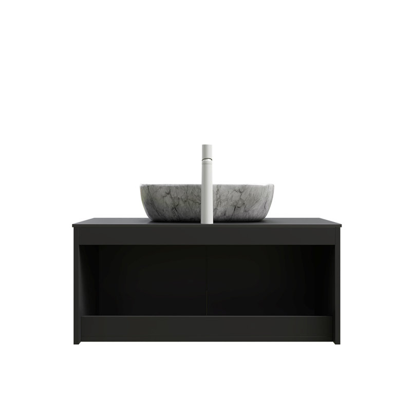 Meuble-lavabo de salle de bain 36 po RUBEN, armoire de rangement flottante murale en contreplaqué, portes doubles en sergé avec garniture en métal, vasque rectangulaire en céramique à motif marbré et plateau en pierre frittée noire, noir
