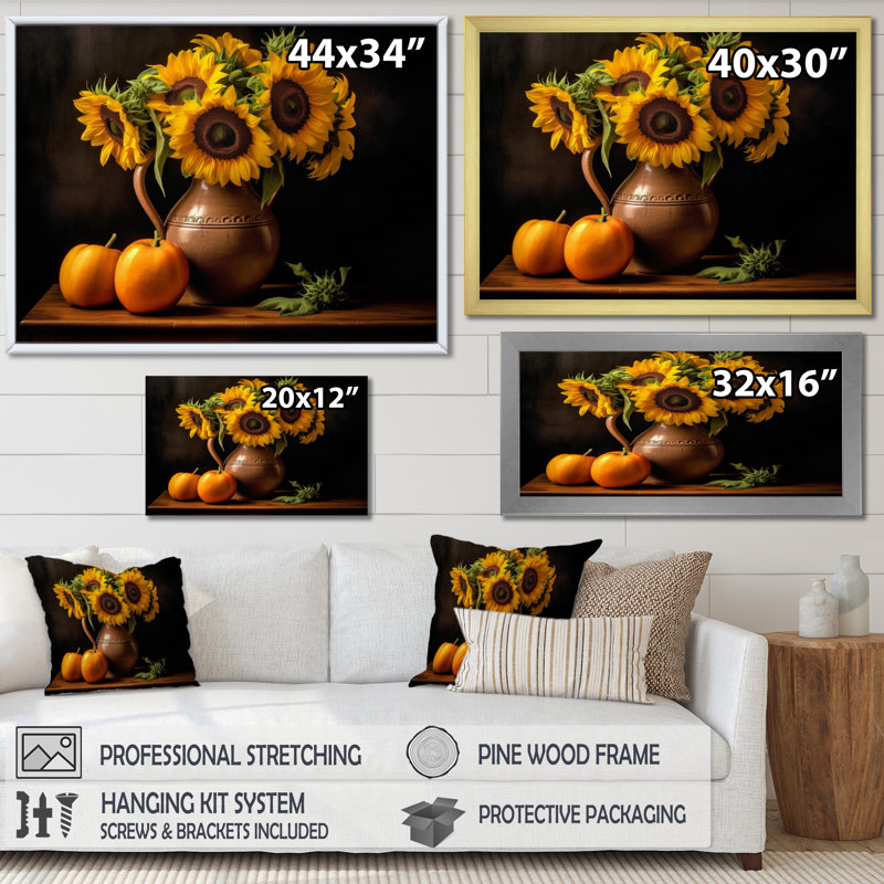 Tournesol doré nature morte II, Encadrement doré, H 34 po x l 44 po x P 1,5 po