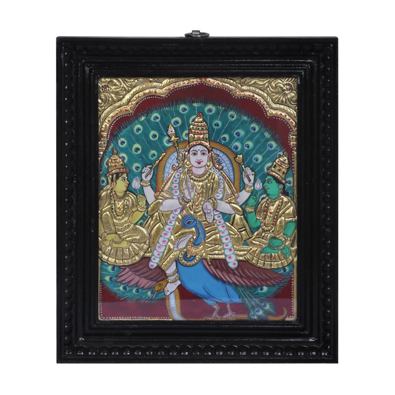 Lord Murugan avec Valli et Theivanai | Couleurs traditionnelles avec or 24 carats | Tanjore avec cadre en bois de teck