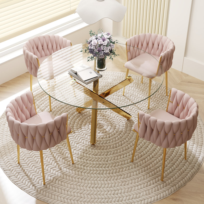 Ensemble de salle à manger Ayron, table de salle à manger avec pieds croisés et chaise de salle à manger en velours, Rose