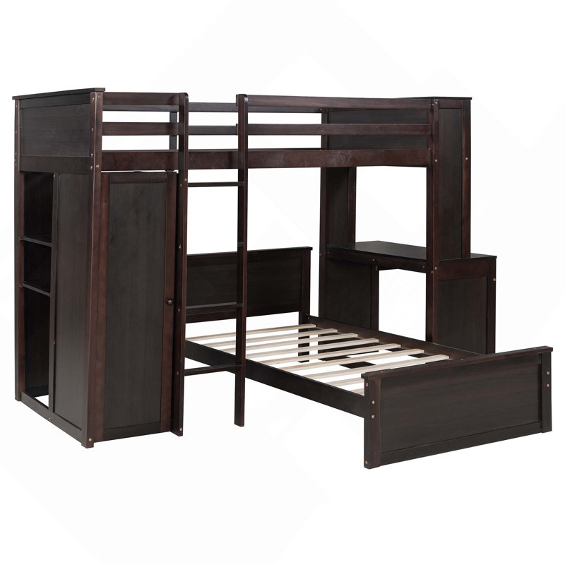 Lit mezzanine avec lit simple autoportant, tablettes, bureau et garde-robe, Twin, Espresso