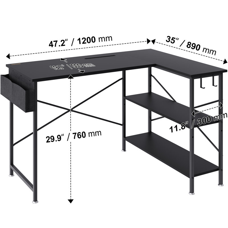 Lashaya L-Shaped Metal Base Computer Desk, Black