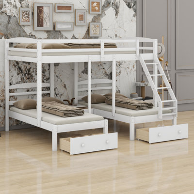 Lit superposé triple moderne avec tiroirs de rangement, structure de lit superposé robuste avec échelle