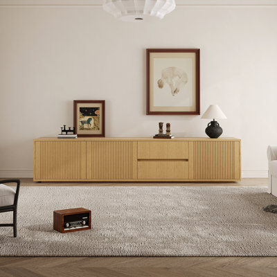 Natural Wood Mid-Century 79" TV Stand with Storage, Retro Media Console for Living Room