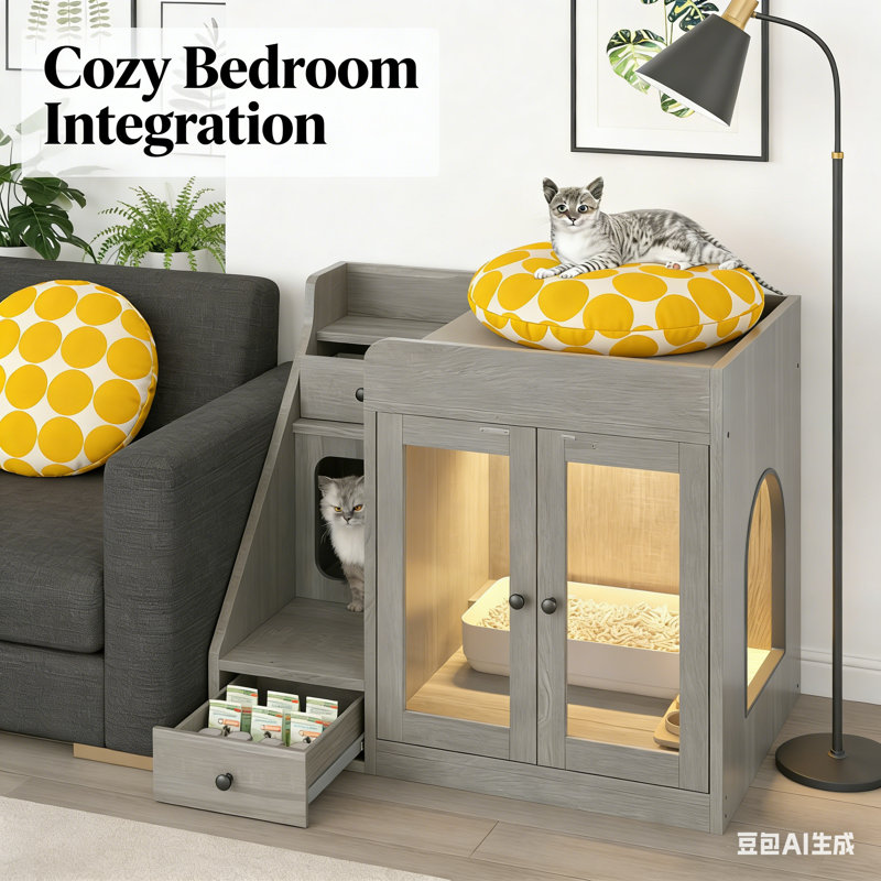 Enceinte de litière multifonctionnelle pour chat - aire de repos pour animaux de compagnie, tiroirs de rangement, lumières à DEL, entrées doubles arquées, portes en acrylique transparent, panneau de fibres à densité moyenne écologique et panneau de particules pour la maison