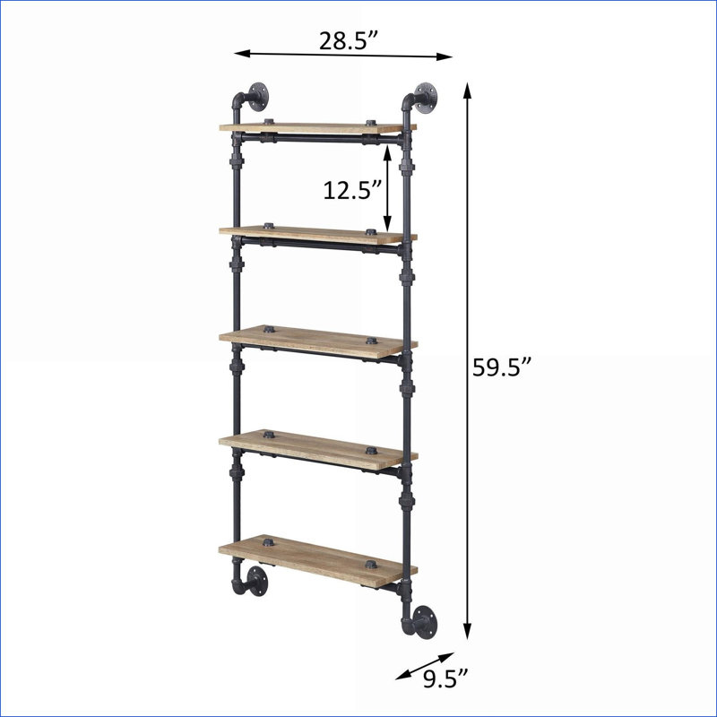 Tablette murale, chêne industriel à 5 niveaux H 59,5 po noir sable | Bois et métal | Espace de vie principal