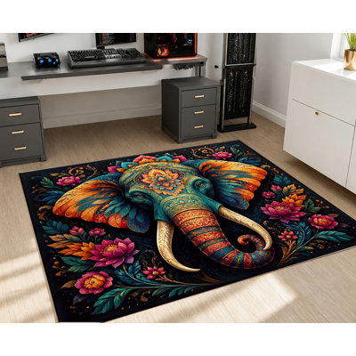 Tapis en velours antidérapant, motif floral éléphant bleu-orange Boho, lavable à la machine, tapis décoratif, décoration intérieure élégante pour le salon, la chambre à coucher, l'entrée, la porte d'entrée, la cuisine, le balcon, appartement