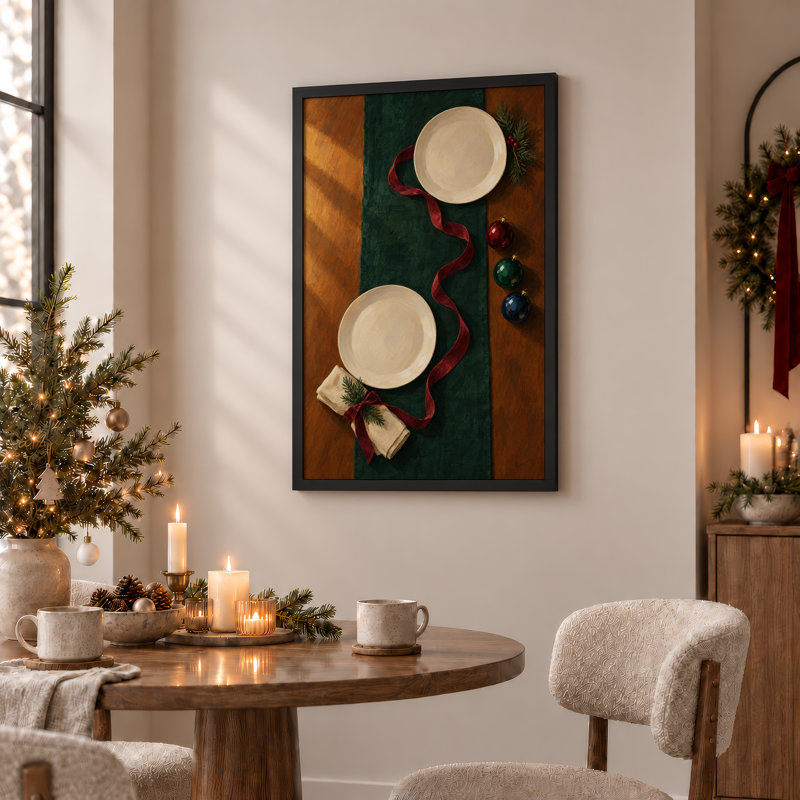 Art de la table avec des plaques blanches et un ruban rouge, H 36 po x l 24 po