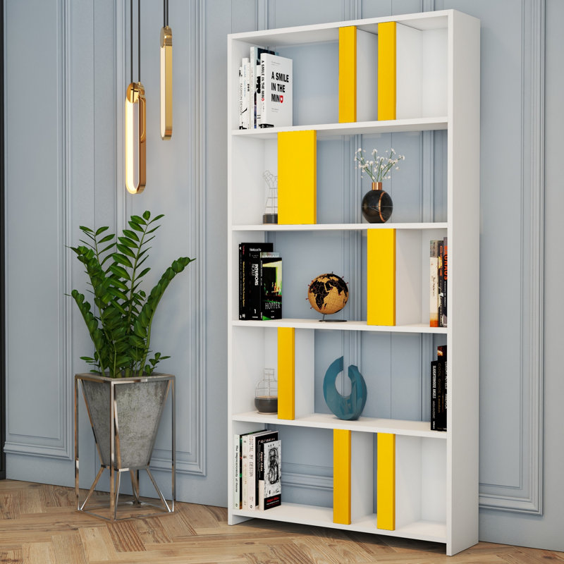 Bibliothèque moderne avec de nombreuses tablettes, blanc et jaune, 35,4 x 70,9 x 7,9 pouces | 100% panneau de particules enduit de mélamine, épaisseur: 0,7 pouce | Conception murale, parfaite pour la maison ou le bureau