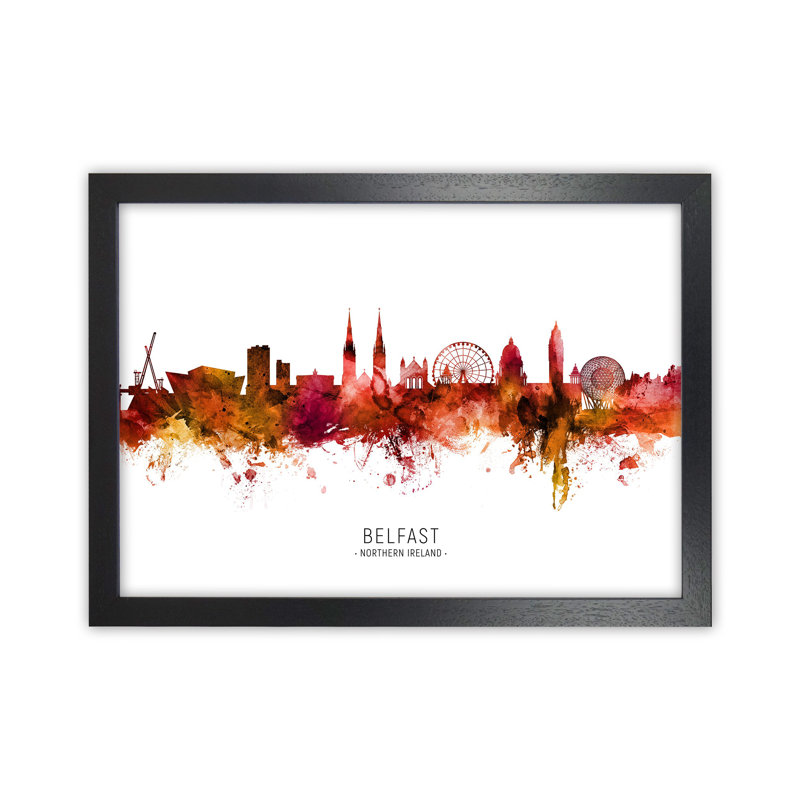 Belfast Northern Ireland Skyline Red City Name by Michael Tompsett - Print, 25cm H x 34cm W x 3cm D, Black Framed