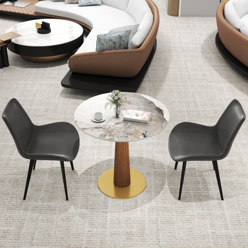 Ensemble de 3 tables de conférence rondes en pierre frittée moderne avec 2 chaises en cuir, Beige, Gris
