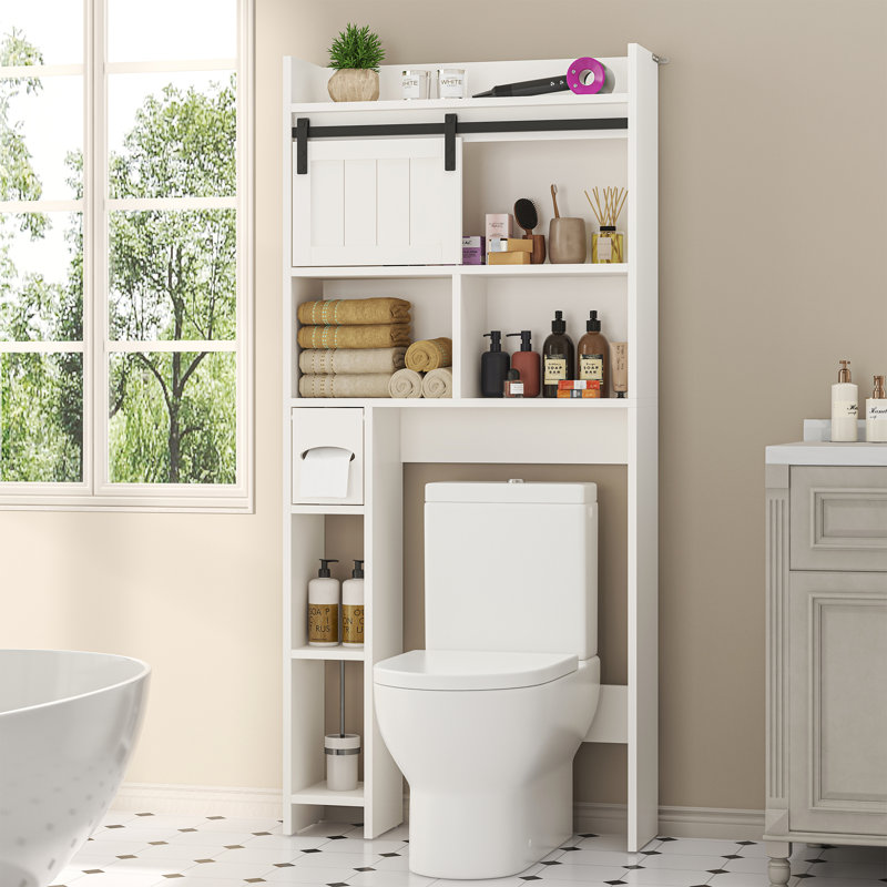 Bathroom Over-The-Toilet Storage Cabinet With Sliding Door, 7.5" Depth Space-Saving Organizer With 3-Tier Shelves & Toilet Paper Holder