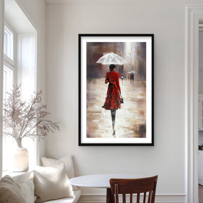 «Quiet Walk in the rain - Red Scenic», reproduction encadrée