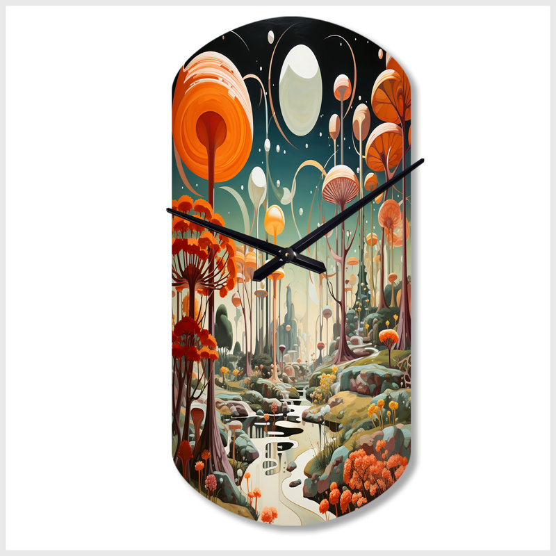 Colorful Mid Century Midcentury Mushroom Dreams I - Midcentury Modern Asymmetrical Metal Wall Clock, Modern Cylinder Wall Clock Print