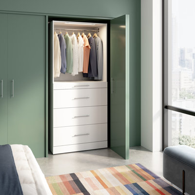 Bestar Florence 25D Modular Reach-In Or Walk-In Closet System Tower With LED Light, Shelves And 4 Drawers, Slab Style