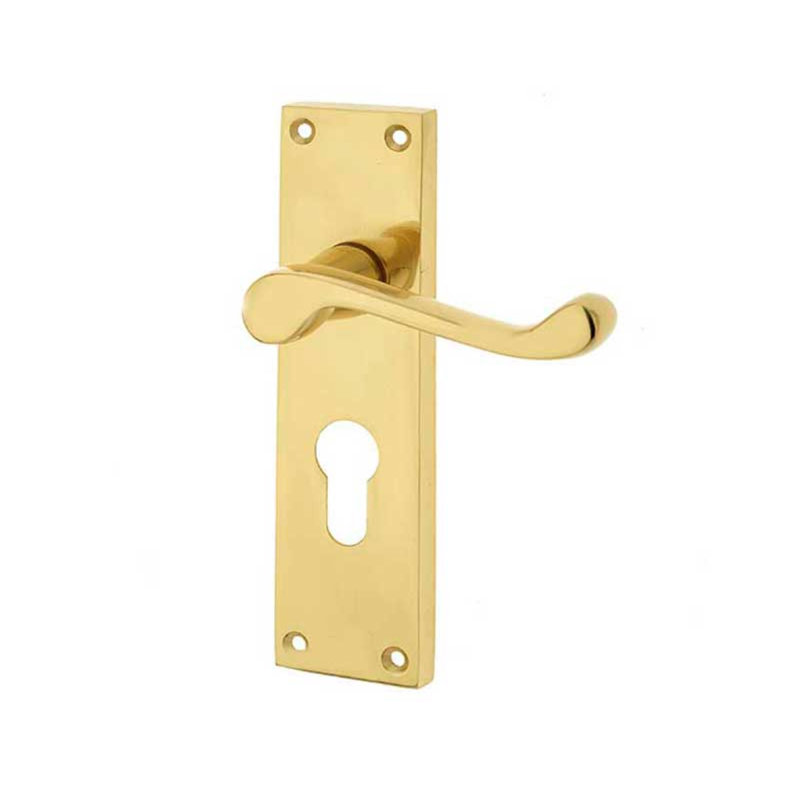 Victorian Scroll Euro Door Handle, Polished Brass