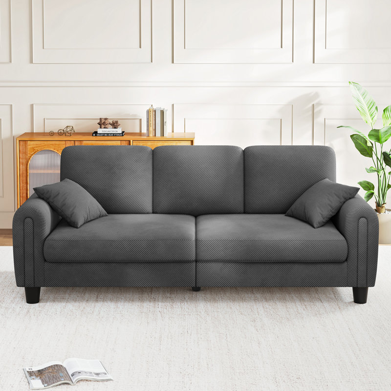 Canapé moderne gaufré 3 places 85 pouces avec 2 coussins décoratifs, cadre en bois massif pour petit espace, Gaufré, gris