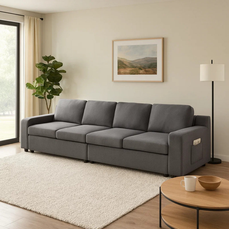 Canapé modulaire à accoudoirs carrés en lin 119 po