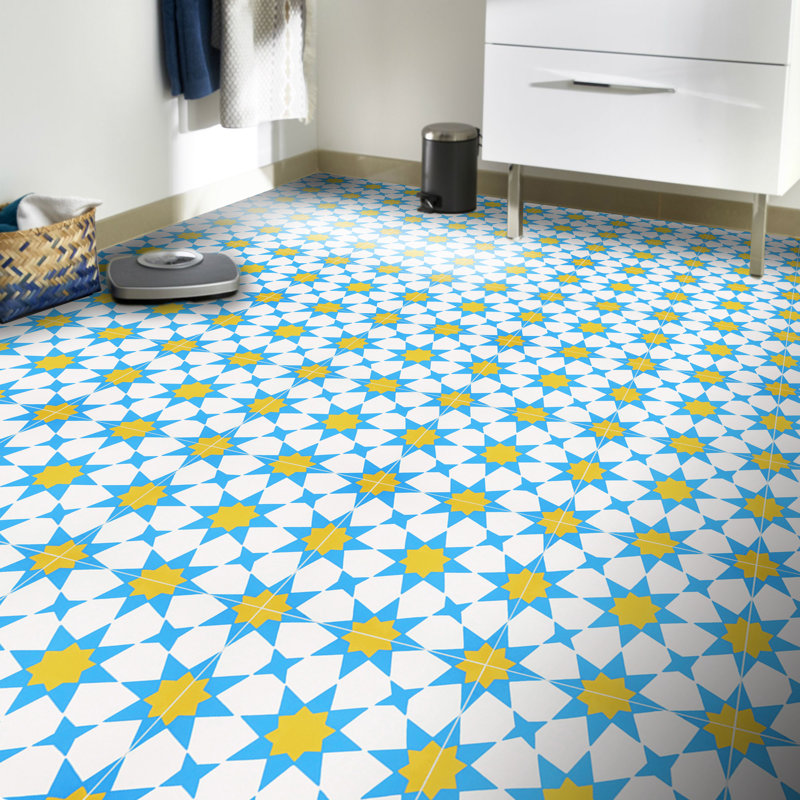 Carreau de ciment à motif pour mur et plancher de 8 po x 8 po Medina, Jaune / Bleu