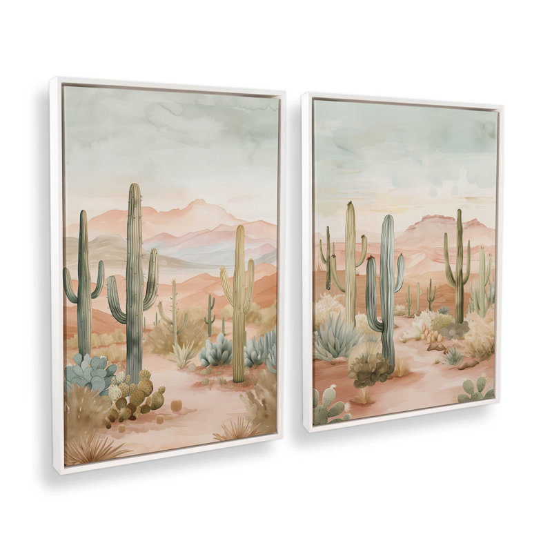 Ensemble de 2 impressions sur toile Cactus Waltz, Cadre flottant blanc opaque, H 36,75 po x l 49,5 po x P 1,75 po