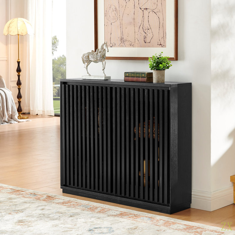 Buffet Mid-Century cannelé avec 2 trous de sortie, Noir