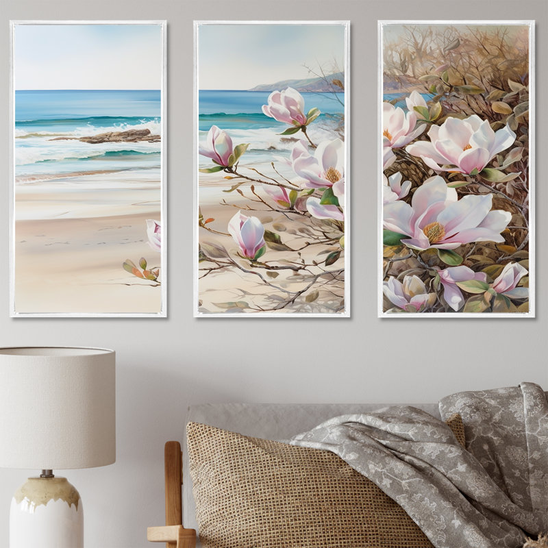 Magnolias sur la plage - ensemble d'art mural Magnolias, Cadre flottant blanc, H 32 po x l 48 po x P 1 po