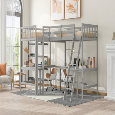 Wood Twin Size L-Shaped Loft Bed With Ladder And 2 Built-In L-Shaped Desks