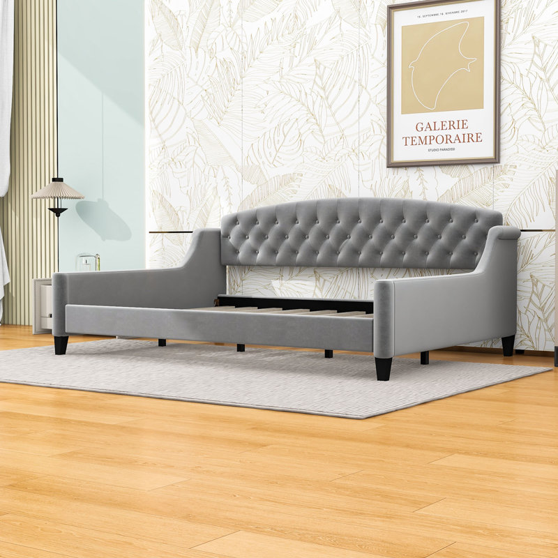 Lit de jour rembourré en bois avec capitonnage et pieds centraux, Gris