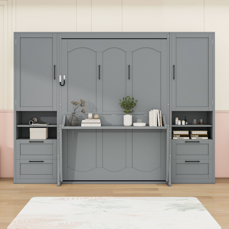 Grand lit escamotable en bois avec tiroirs et tablettes de rangement, gris