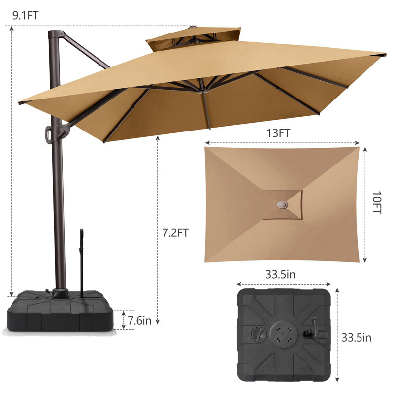 Parasol en porte-à-faux de patio 10 x 13 pi avec base lestée - déplaçable sans effort par une seule personne, Tanné