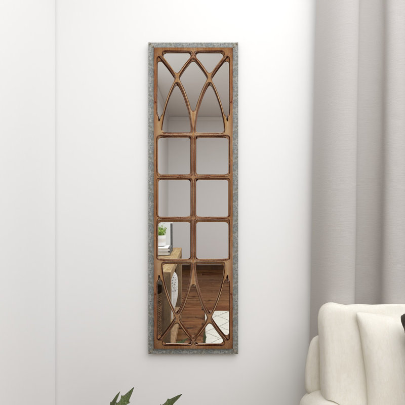 Wood Window Pane Inspired Panel Brown Wall Mirror with Galvanized Metal Frame