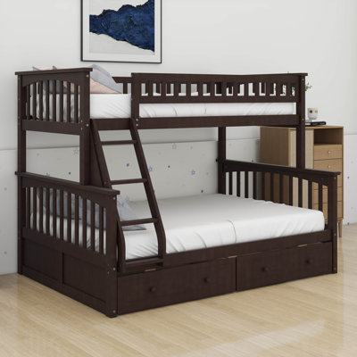 Lit superposé simple au-dessus d'un lit double convertible en bois avec 2 tiroirs de rangement et une échelle - peut être divisé en deux lits de repos