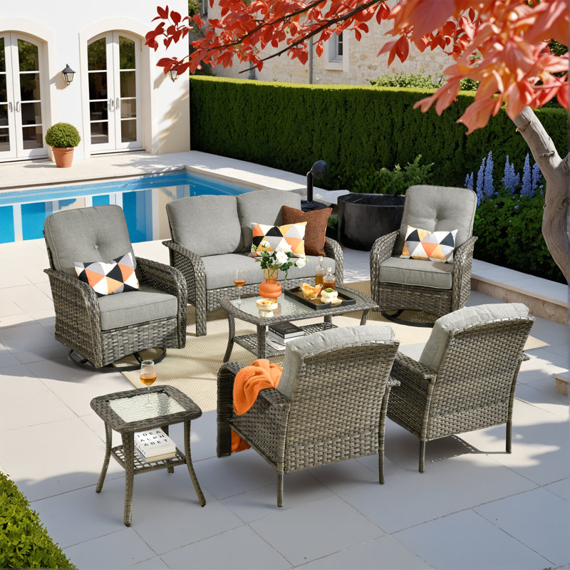 Jordanlee 6- Person Outdoor Seating Group With Cushions With Rocking Swivel Chairs, Gray