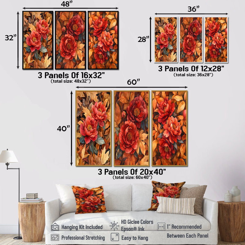 Pivoines rouges parmi les feuilles d'automne I - Collection de grandes décorations murales pivoines, H 28 po x l 36 po