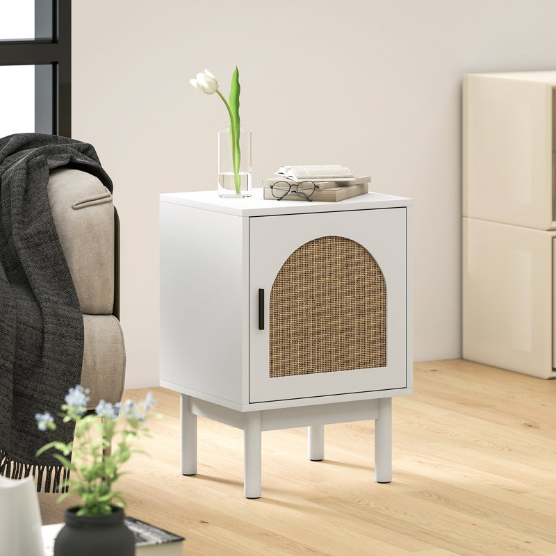 HOMCOM Rattan Bedside Table Adjustable Shelf, Solid Wood Legs, Light Green, White