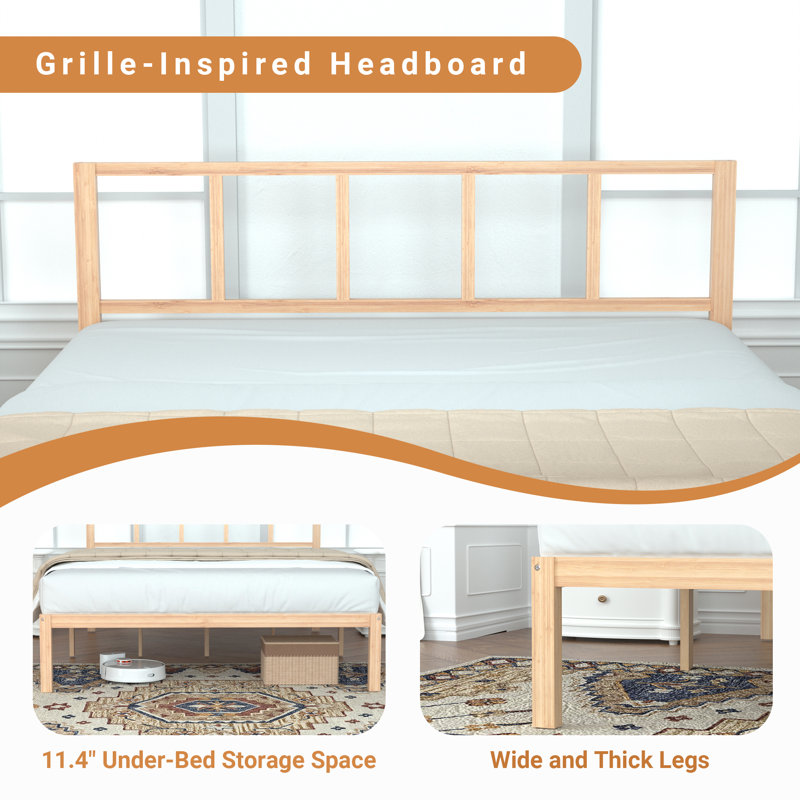 Bed Frame with Headboard Bamboo Wood Platform Beds with Slats Support, Full, Natural