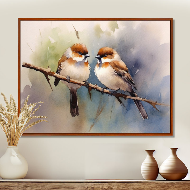 Oiseau moineau beige et brun - art mural oiseau, H 24 po x l 32 po, Cadre flottant brun
