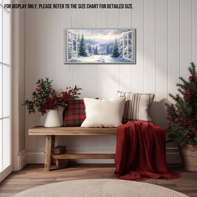 Winter Pictures Wall Decor - Window View Winter Scene Canvas Wall Art for Living Room, Snowy Forest Christmas Painting for Home Decoration Frame Wrapped Canvas Prints, 12×24 inches