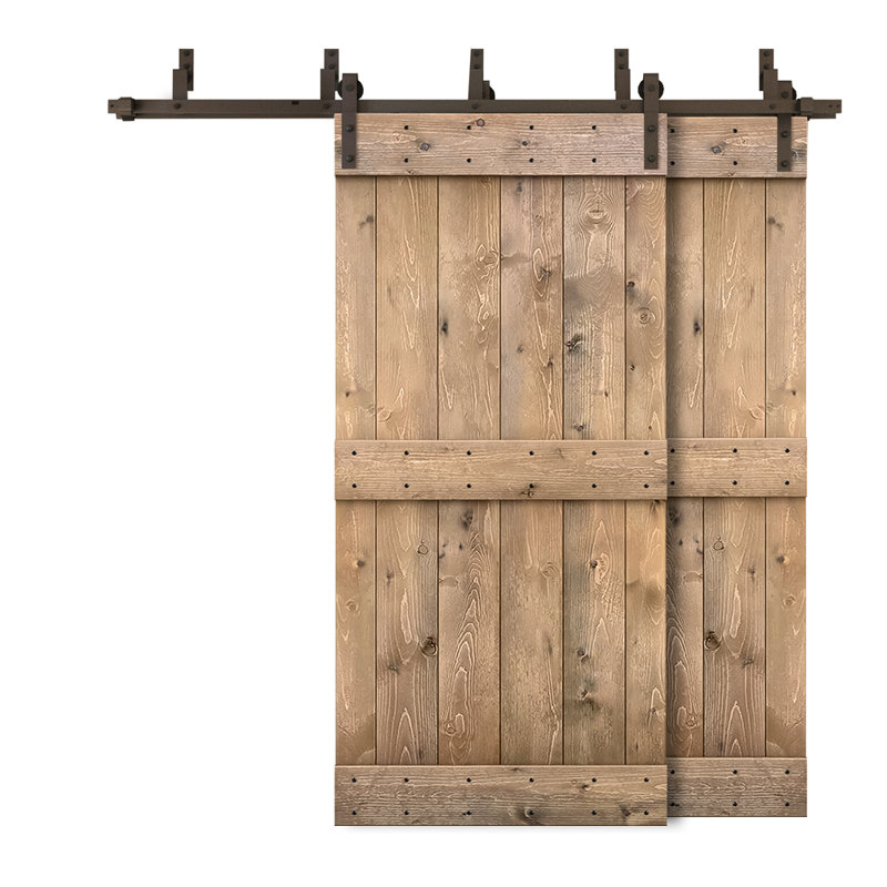 Light Brown Knotty Pine Double Bypass Barn Door with Oil-Rubbed Bronze Hardware