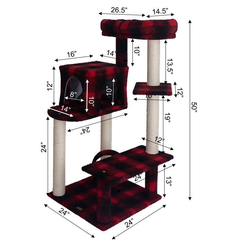 50-Inch Red and Black Plaid Sisal Cat Tree with Lounger