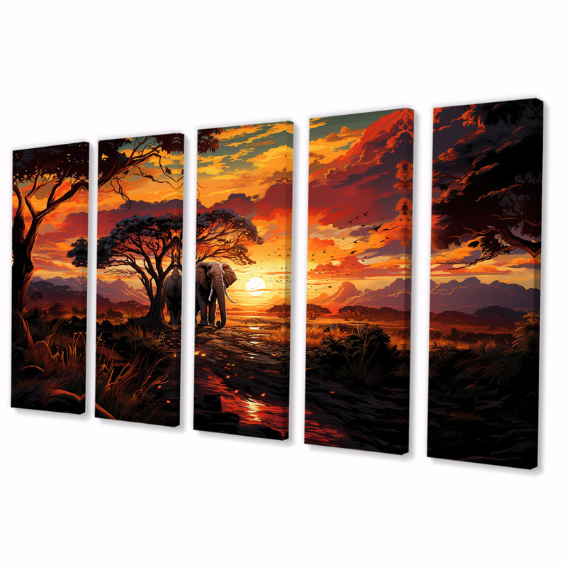 "Coucher de soleil africain avec 5 éléphants" 5 pièces, H 28 po x l 60 po