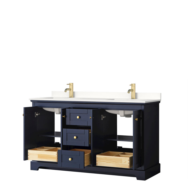 Meuble-lavabo double autoportant avec plateau Avery, Quartz blanc, Bleu foncé, Or brossé