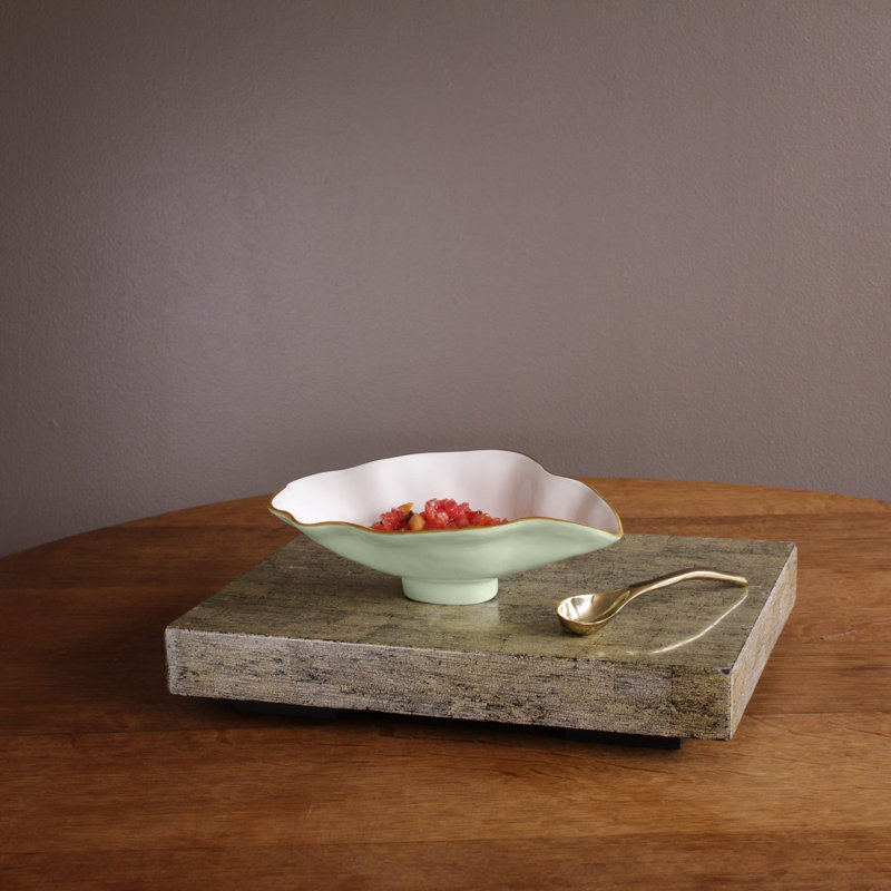 Encanto Claire Small Oval Bowl With Spoon, Pistachio/White/Gold