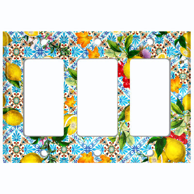 Metal Light Switch Plate Outlet Cover (Elegant Teal Fruit Flowers Tile  - Triple Rocker)