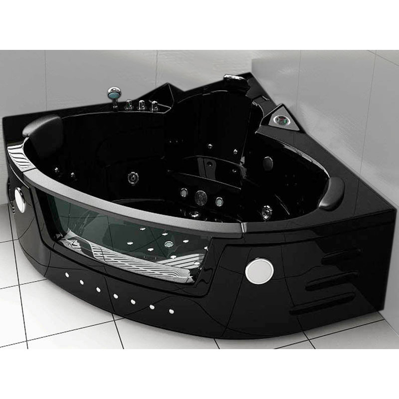 MAJESTIC 59" x 59" 2-Person Corner Whirlpool Bathtub with Dual Pump, Heater & Glass Front Panel, Black