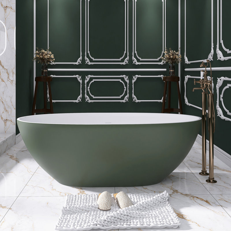 65 In. X 30 In. Solid Surface Freestanding Flatbottom Soaking Bathtub In Green