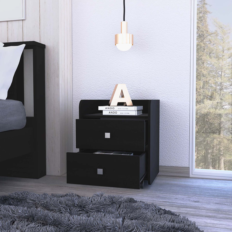 Nightstand 22"H, Two Drawers, Superior Top, Metal Handle, Four Wheels, Black