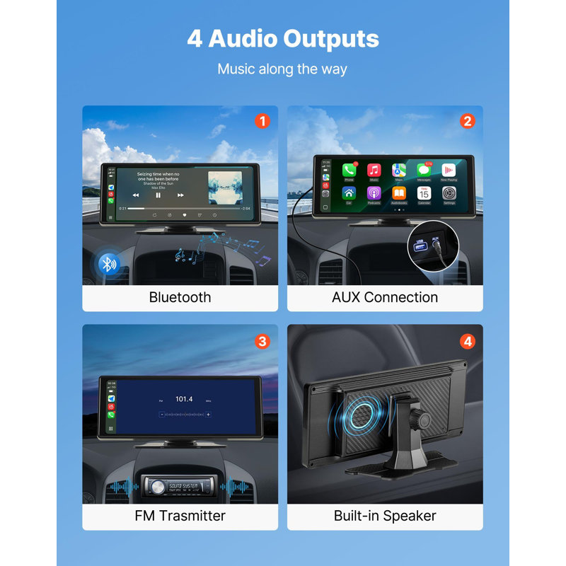 Stéréo sans fil pour voiture, écran tactile HD portable de 10 pouces compatible avec Apple Carplay et Android Auto, écran Carplay pour voiture avec commande vocale, lien miroir, Bluetooth, navigation par GPS