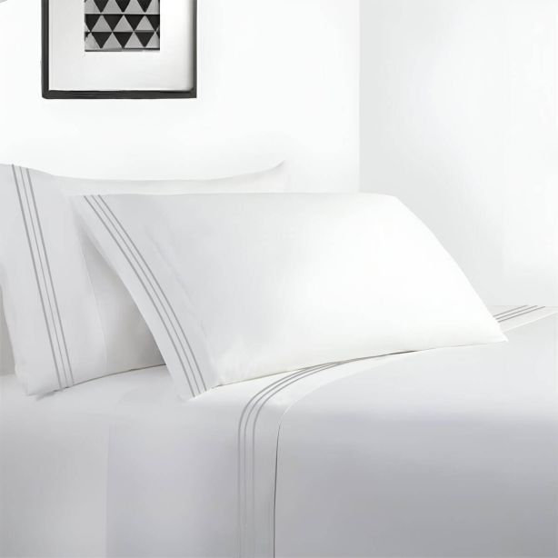 400TC Cotton Sateen Classic Embroidery Cotton 4 Piece Sheet Set Fitted Sheet Fits Upto 16" Deep Pocket, Light Gray