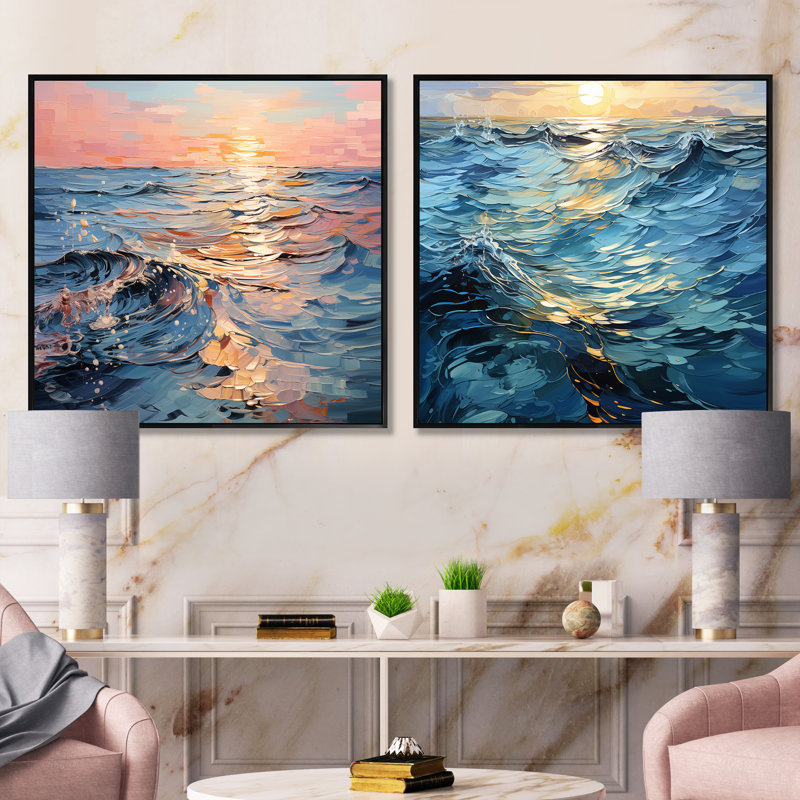 Sunset Tranquil Ripples - Sunset Collage, Cadre flottant noir, H 16 po x l 33 po